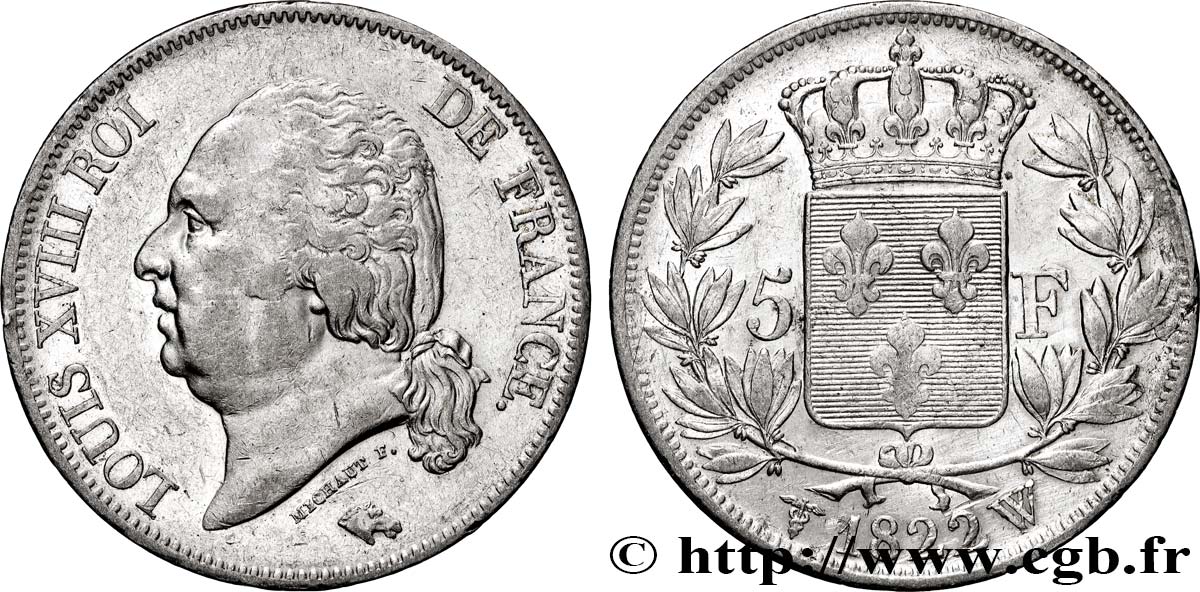 5 francs Louis XVIII, tête nue 1822 Lille F.309/75 TTB 
