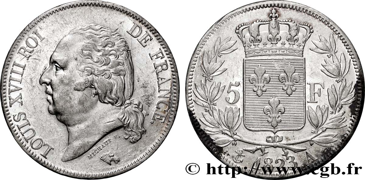5 francs Louis XVIII, tête nue 1823 Paris F.309/76 TTB+ 