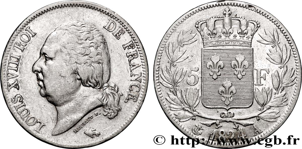 5 francs Louis XVIII, tête nue 1824 Paris F.309/88 TB+ 