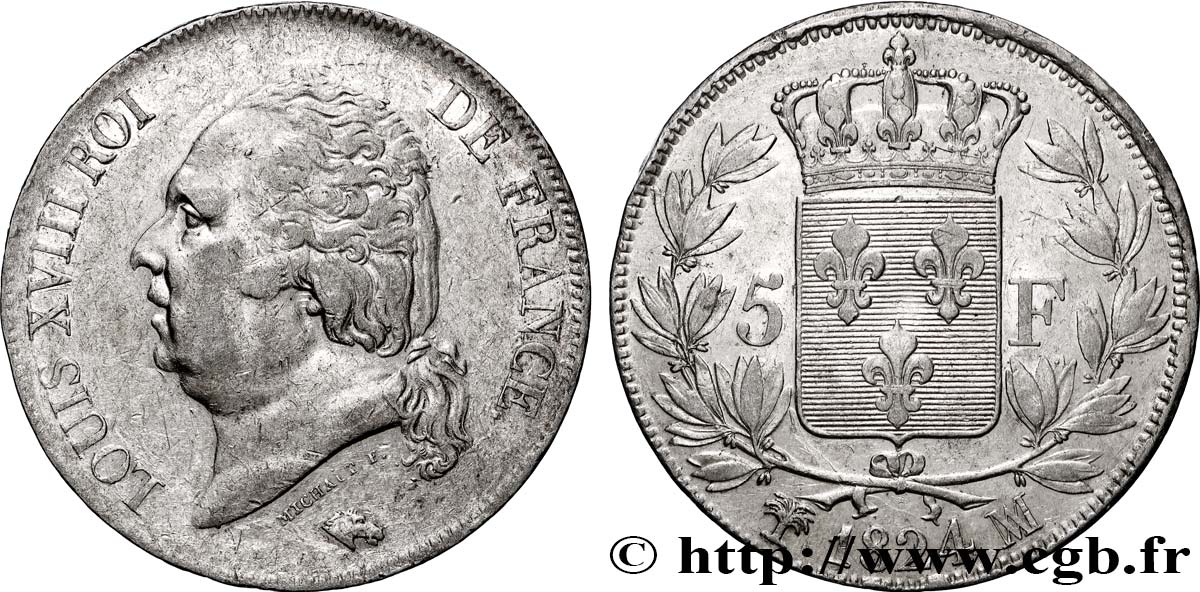 5 francs Louis XVIII, tête nue 1824 Marseille F.309/96 TTB 
