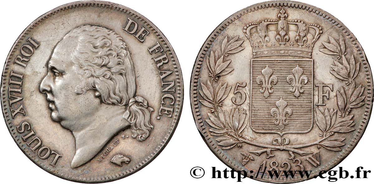5 francs Louis XVIII, tête nue 1823 Lille F.309/87 TTB+ 