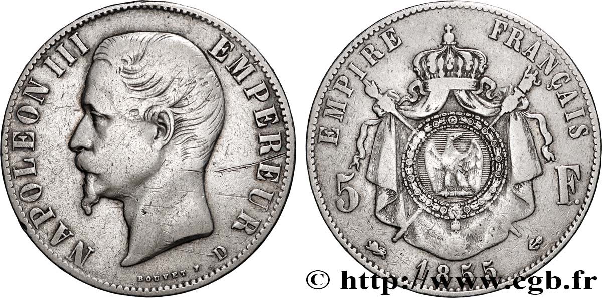 5 francs Napoléon III, tête nue 1855 Lyon F.330/5 VF 