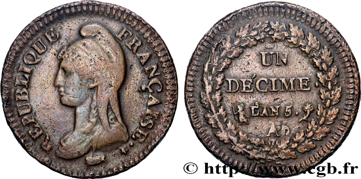 Un décime Dupré, grand module,  refrappage  du 2 décimes 1797 Paris F.128/1 TB+/TTB 