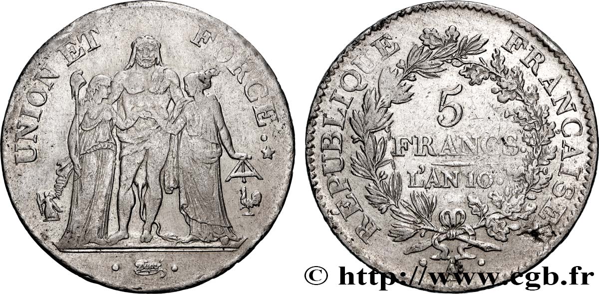 5 francs Union et Force, Union serré, avec glands intérieurs et gland extérieur 1802 Paris F.288/168 TB+ 