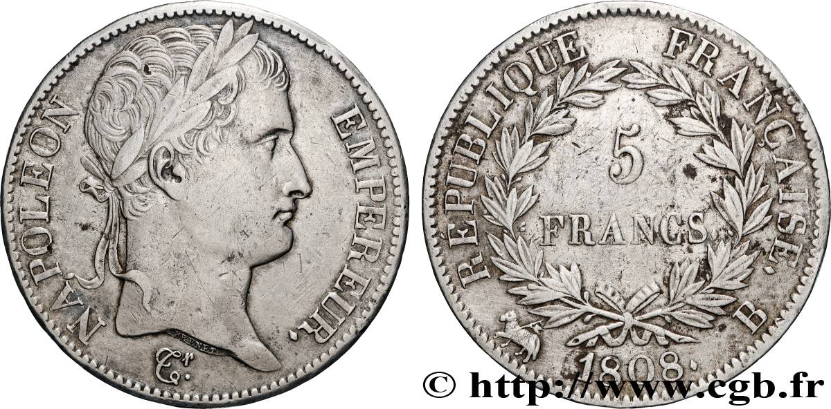 5 francs Napoléon empereur, République française 1808 Rouen F.306/3 VF 