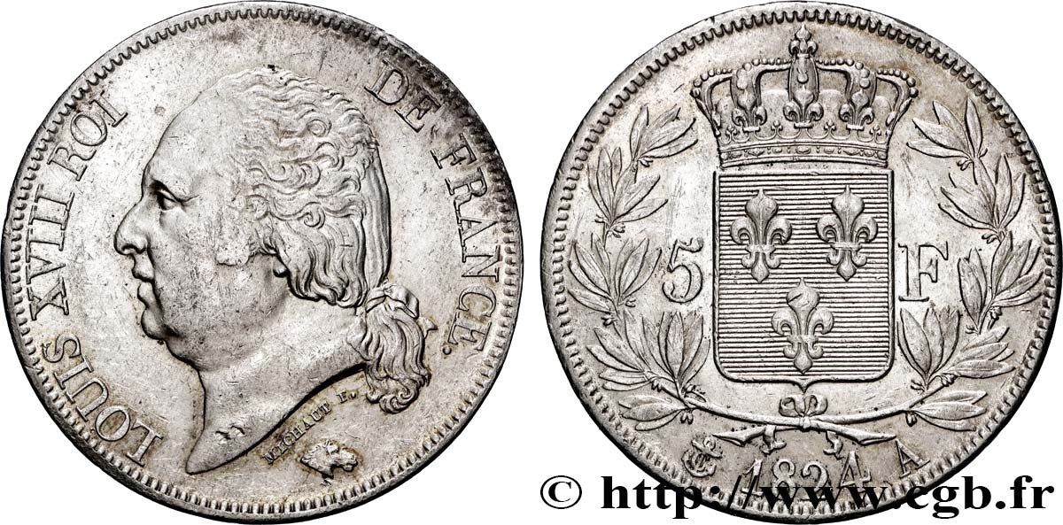 5 francs Louis XVIII, tête nue 1824 Paris F.309/88 TTB+ 