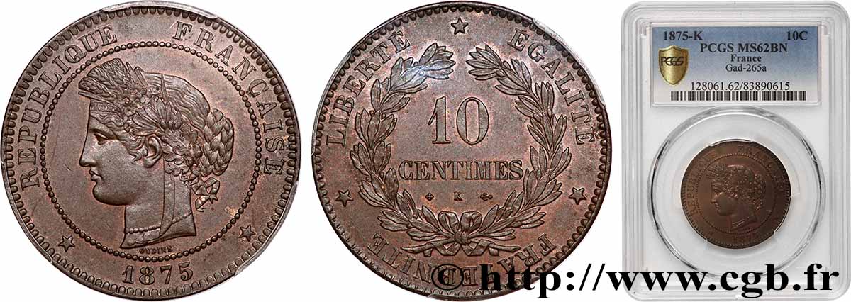 10 centimes Cérès 1875 Bordeaux F.135/15 SUP62 PCGS