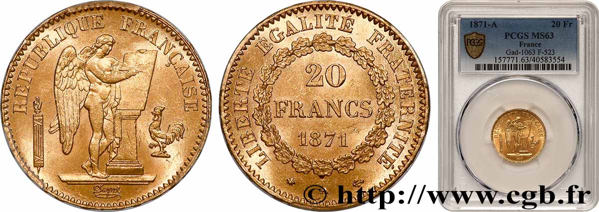 20 francs génie, Troisième république 1871 Paris F.533/1 SPL63 PCGS