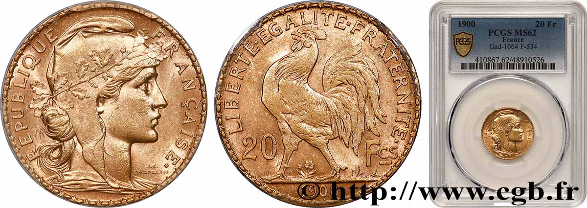 20 francs or Coq, Dieu protège la France 1900 Paris F.534/4 MS62 PCGS