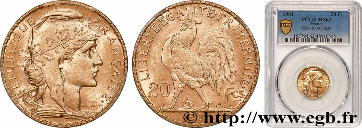 20 francs or Coq, Dieu protège la France 1901 Paris F.534/6 SUP62 PCGS