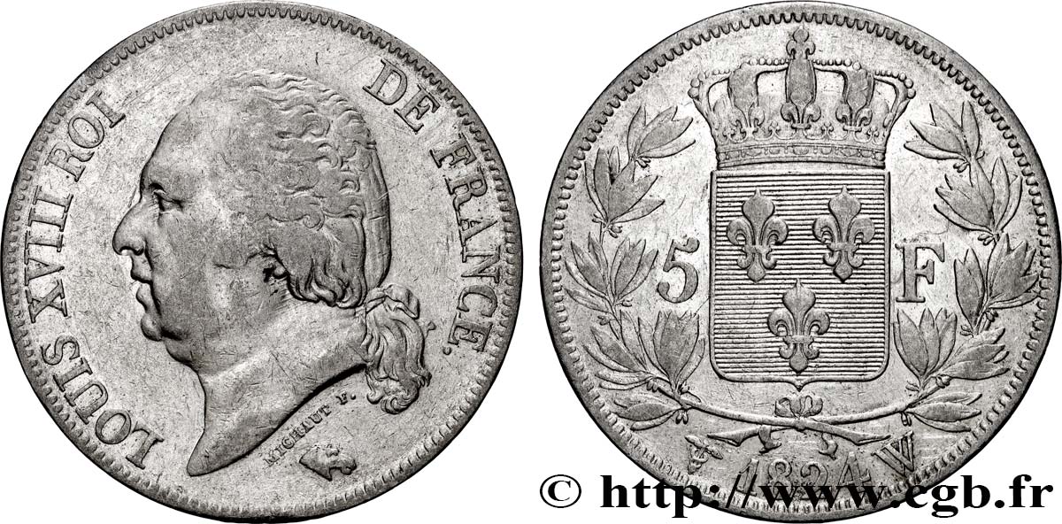 5 francs Louis XVIII, tête nue 1824 Lille F.309/98 VF 