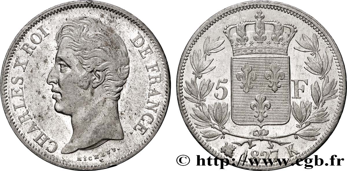 5 francs Charles X, 2e type 1827 Bordeaux F.311/7 TTB+ 