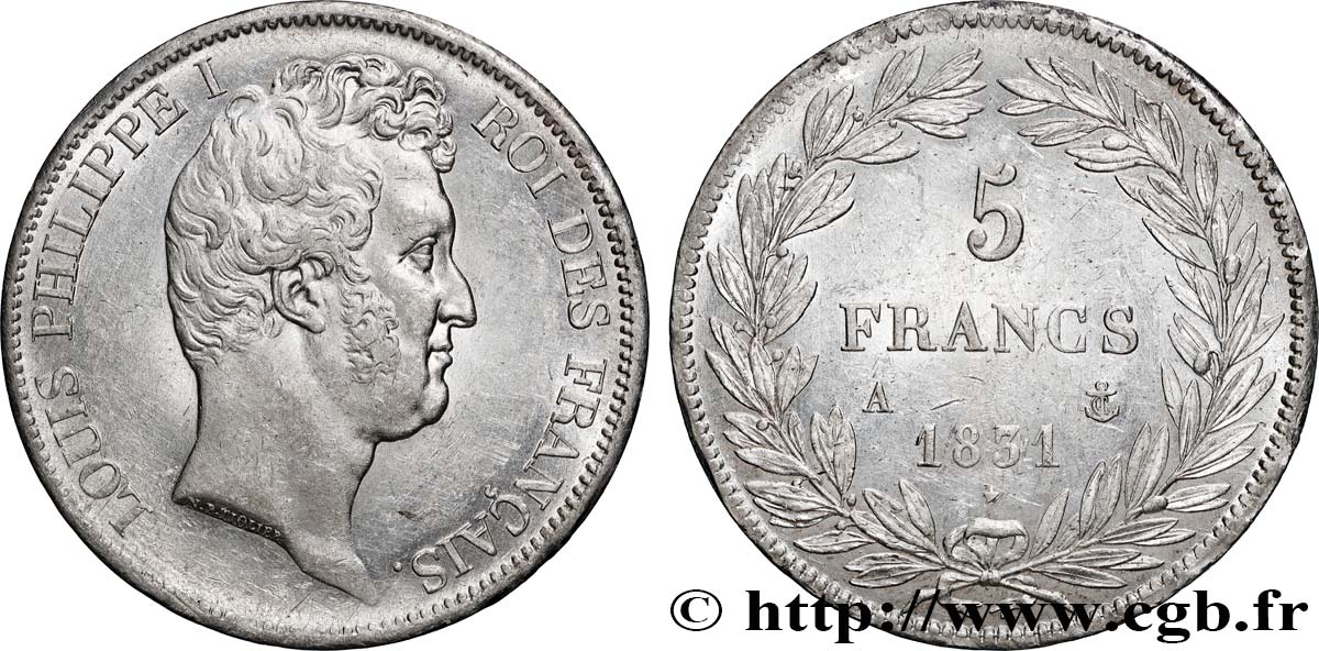 5 francs type Tiolier avec le I, tranche en creux 1831 Paris F.315/14 AU 