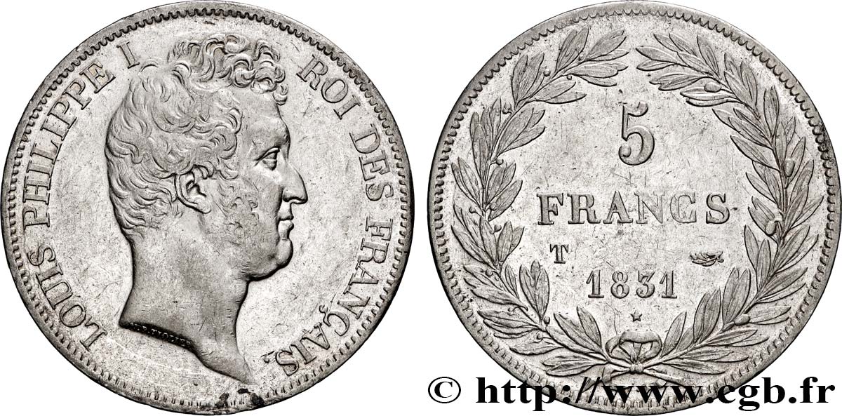 5 francs type Tiolier avec le I, tranche en creux 1831 Nantes F.315/26 TTB 