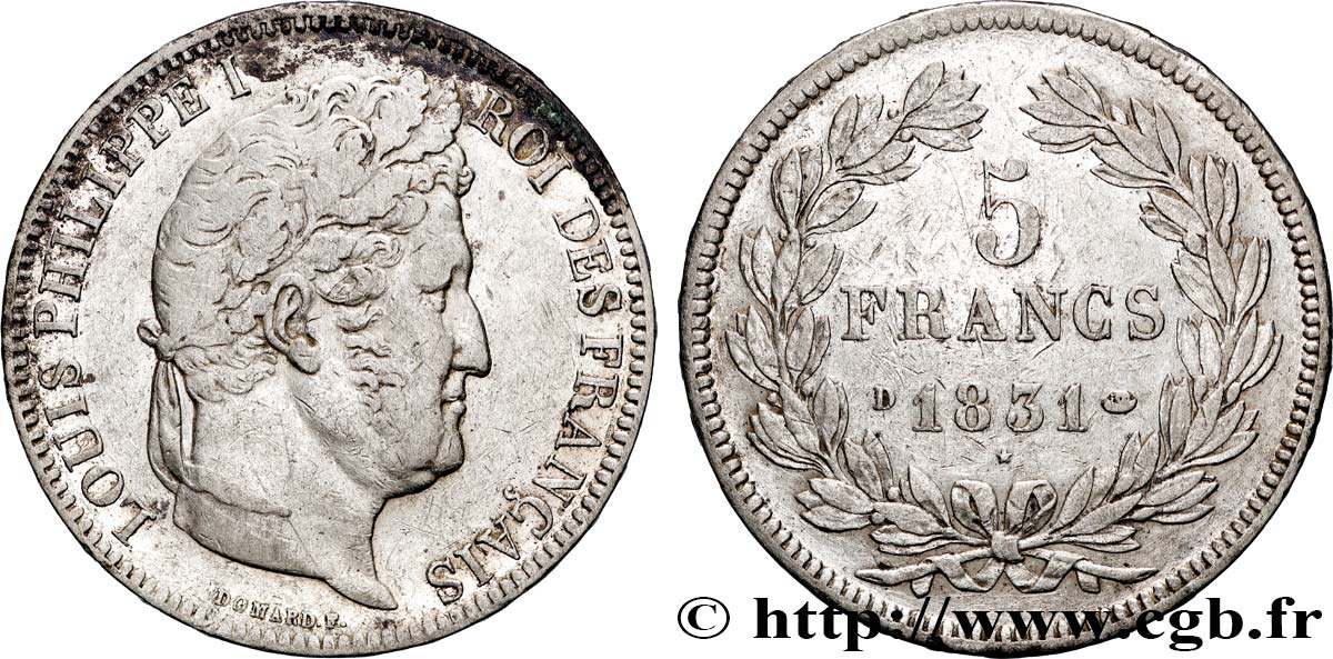 5 francs Ier type Domard, tranche en relief 1831 Lyon F.320/4 TTB 