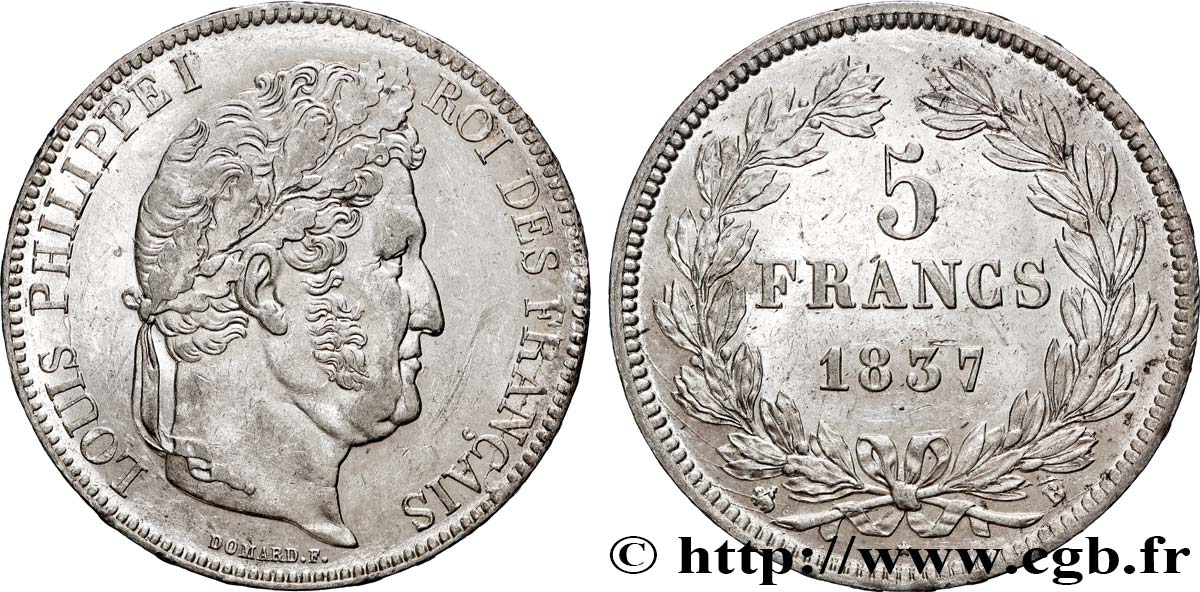 5 francs IIe type Domard 1837 Rouen F.324/62 SUP 