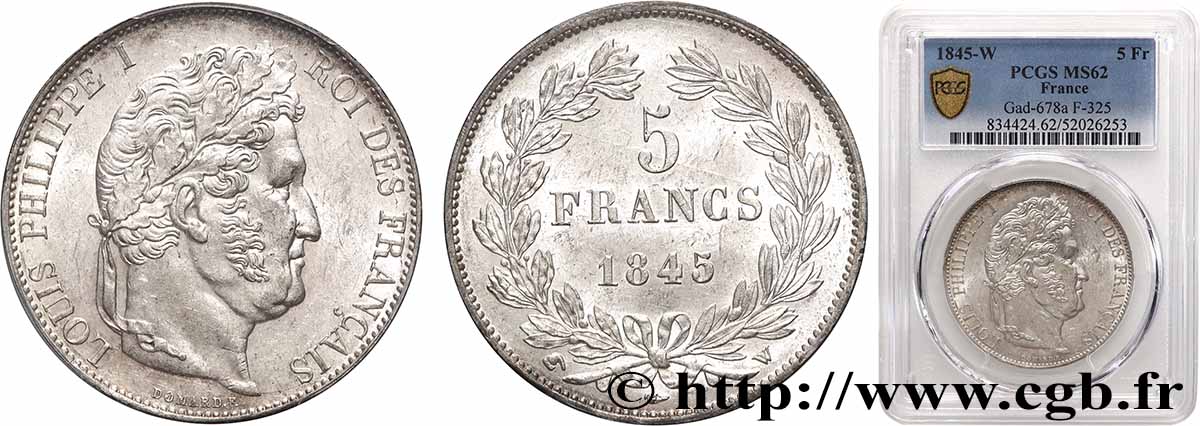 5 francs IIIe type Domard 1845 Lille F.325/9 SUP62 PCGS