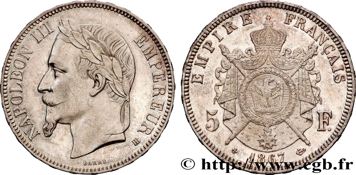 5 francs Napoléon III, tête laurée 1867 Strasbourg F.331/11 TTB+ 