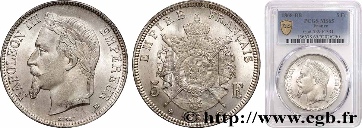 5 francs Napoléon III, tête laurée 1868 Strasbourg F.331/13 FDC65 PCGS