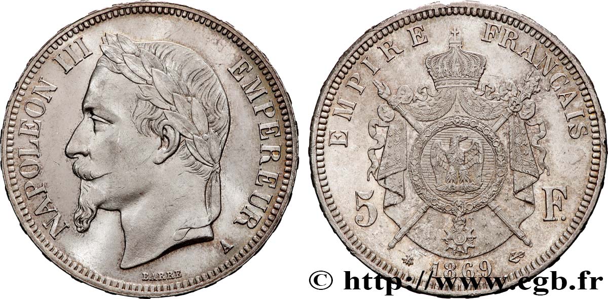 5 francs Napoléon III, tête laurée 1869 Paris F.331/14 MS 