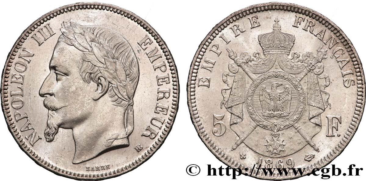 5 francs Napoléon III, tête laurée 1869 Strasbourg F.331/15 SUP+ 