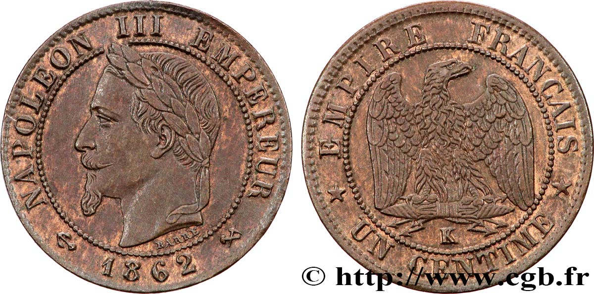 Un centime Napoléon III, tête laurée 1862 Bordeaux F.103/7 SUP60 