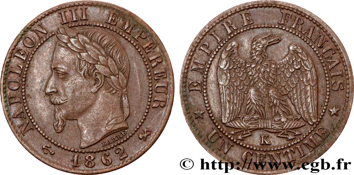 Un centime Napoléon III, tête laurée 1862 Bordeaux F.103/7 XF 
