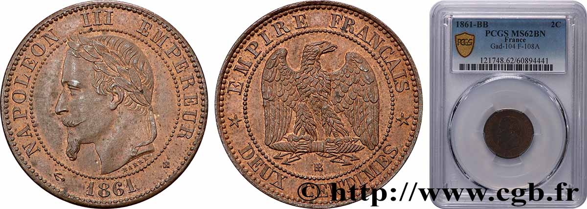 Deux centimes Napoléon III, tête laurée 1861 Strasbourg F.108A/2 SUP62 PCGS