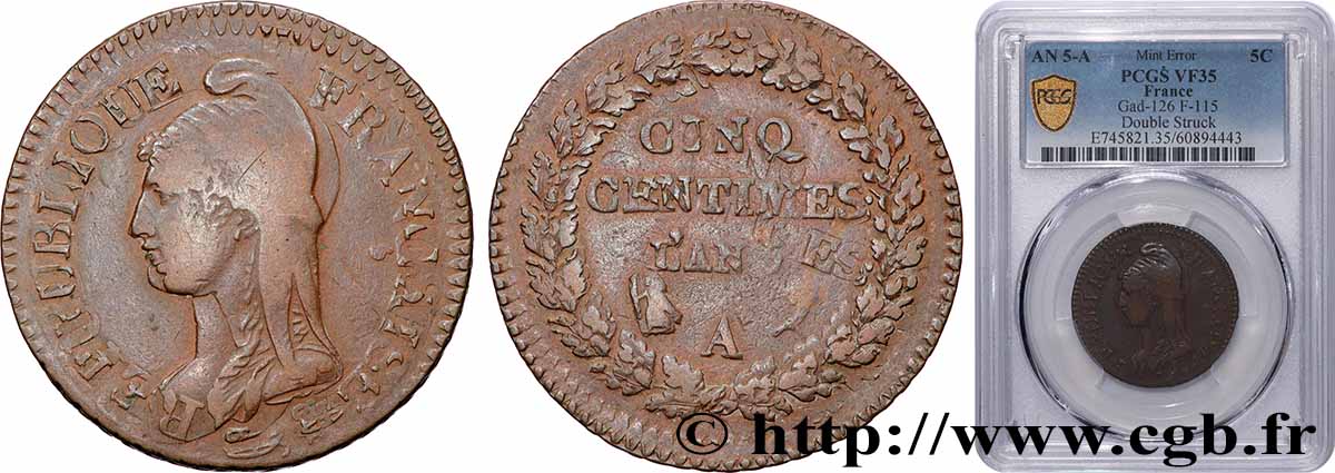 Cinq centimes Dupré, grand module, Fautée Double frappe 1797 Paris F.115/1 var. TB35 PCGS
