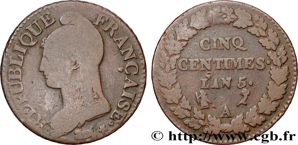 Cinq centimes Dupré, grand module 1797 Paris F.115/1 q.MB 