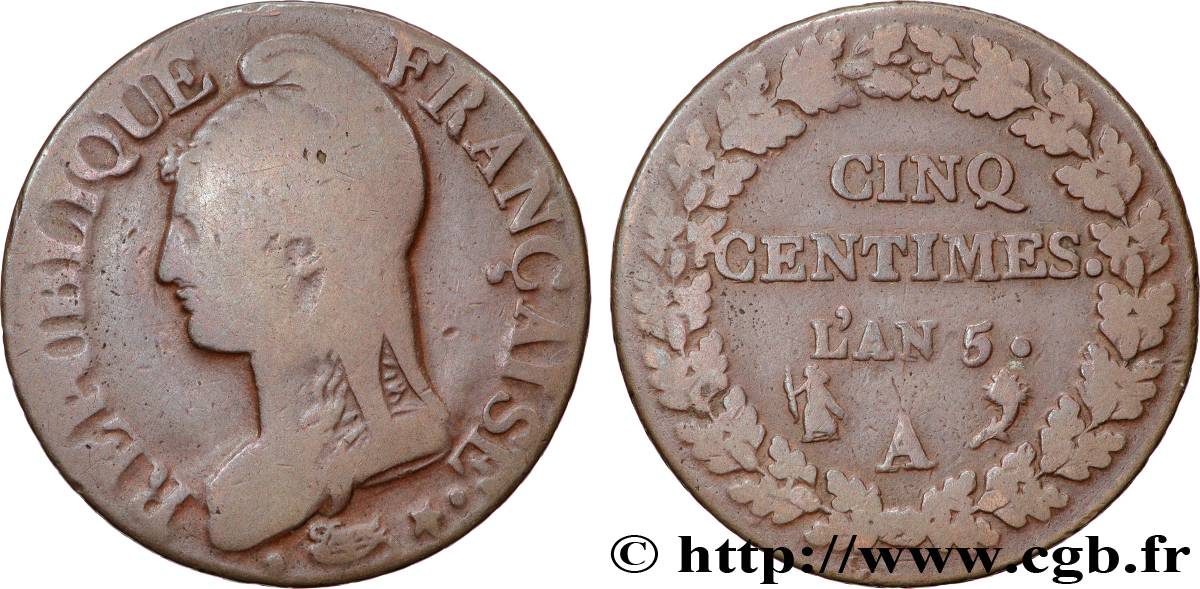 Cinq centimes Dupré, grand module 1797 Paris F.115/1 B+ 
