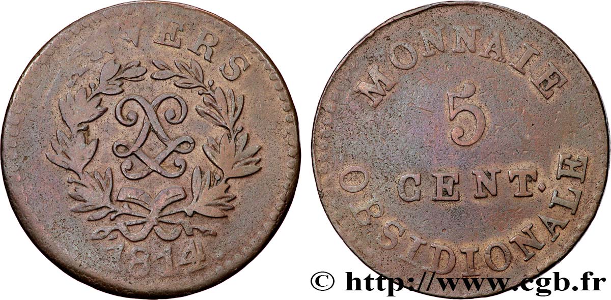 5 cent. Anvers au double L, frappe de l’arsenal de la marine 1814  Anvers F.115E/1 TB 