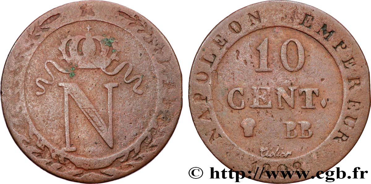 Faux de 10 cent. à l&nbsp;N couronnée 1808 Strasbourg F.130/4 var. TB 