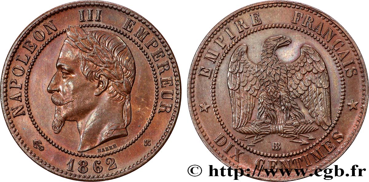 Dix centimes Napoléon III, tête laurée 1862 Strasbourg F.134/8 VZ62 