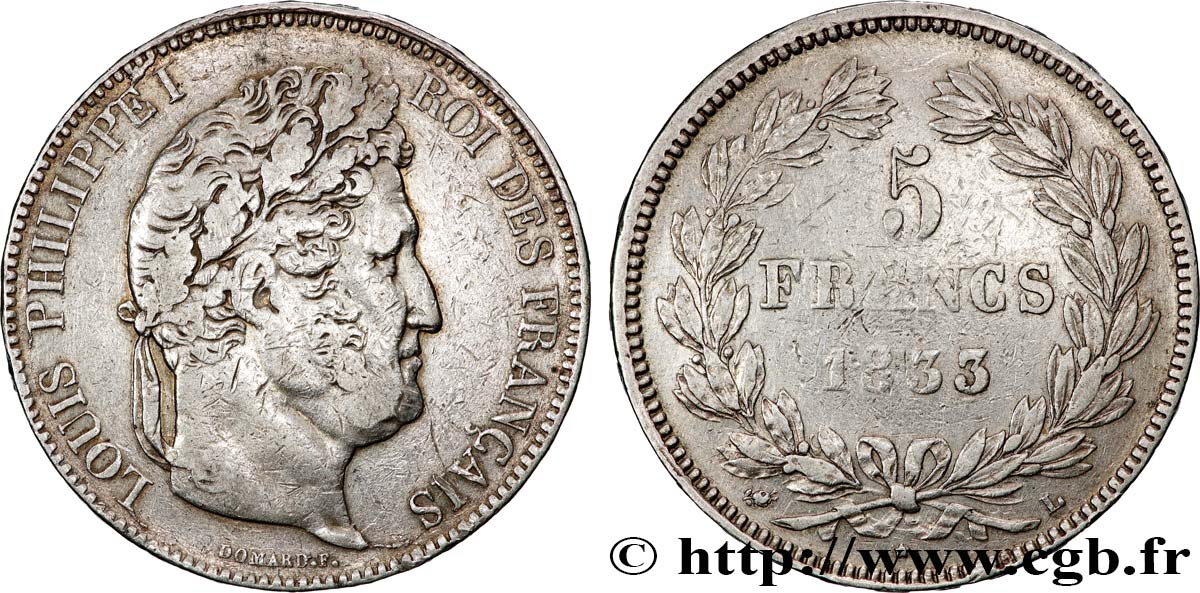 5 francs IIe type Domard 1833 Bayonne F.324/22 TB+ 