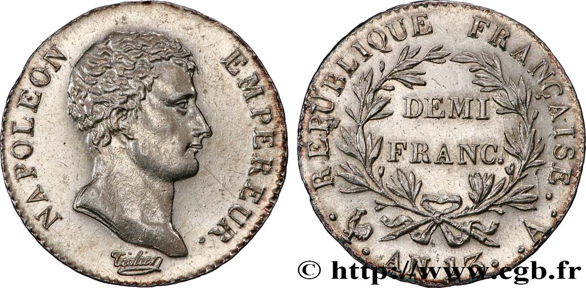 Demi-franc Napoléon Empereur, Calendrier révolutionnaire 1805 Paris F.174/10 SUP+ 