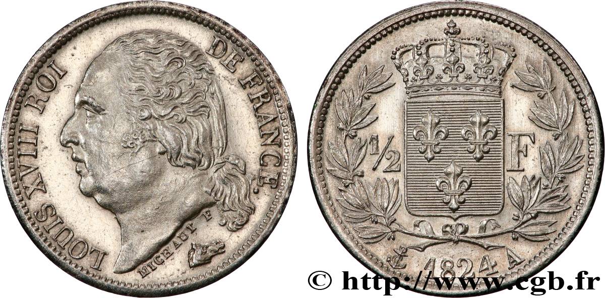 1/2 franc Louis XVIII 1824 Paris F.179/43 SUP+ 