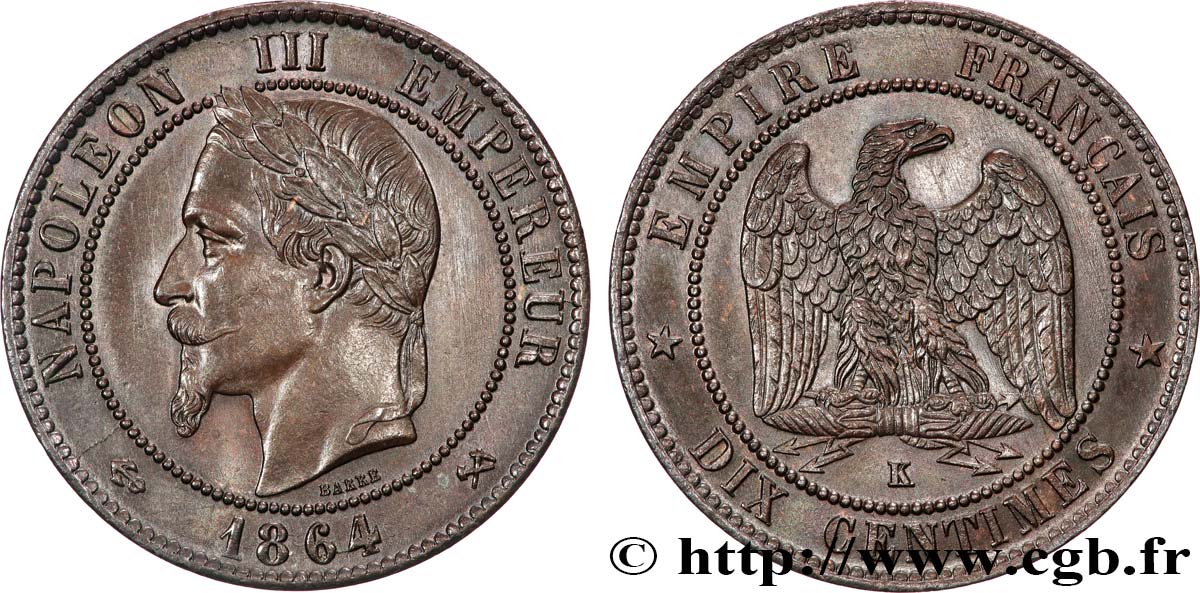 Dix centimes Napoléon III, tête laurée 1864 Bordeaux F.134/15 fST 