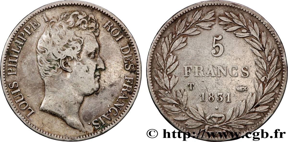 5 francs type Tiolier avec le I, tranche en creux 1831 Nantes F.315/26 TB+ 
