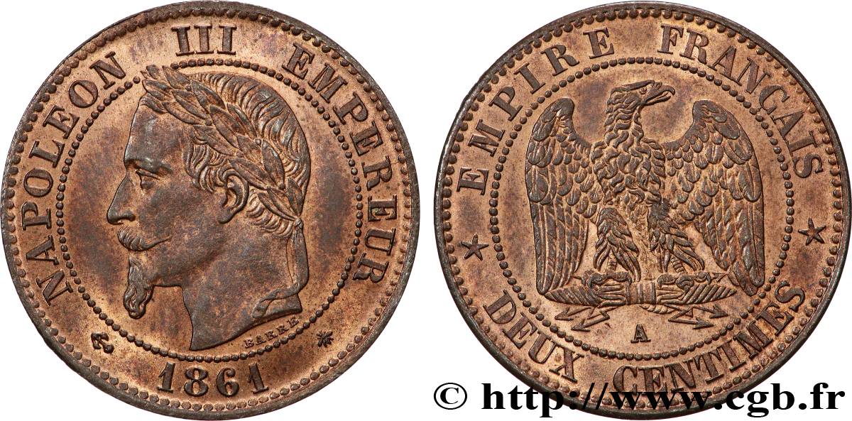 Deux centimes Napoléon III, tête laurée, buste définitif 1861 Paris F.108A/1 SPL63 