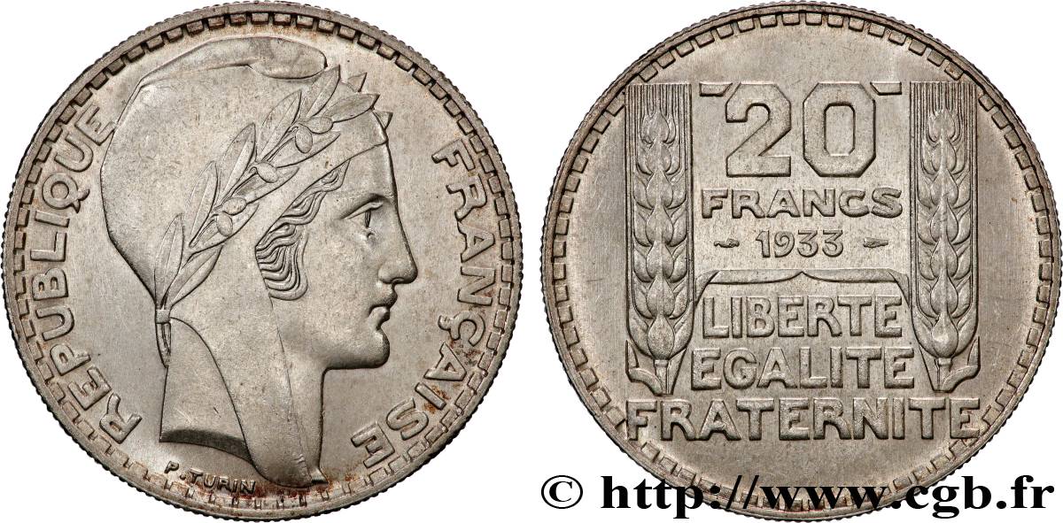 20 francs Turin, rameaux courts 1933  F.400/4 SUP+ 