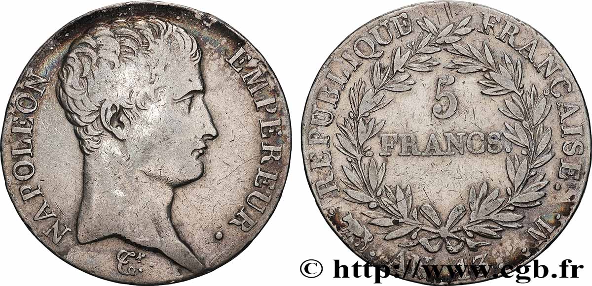 5 francs Napoléon Empereur, Calendrier révolutionnaire 1805 Toulouse F.303/13 TB+ 