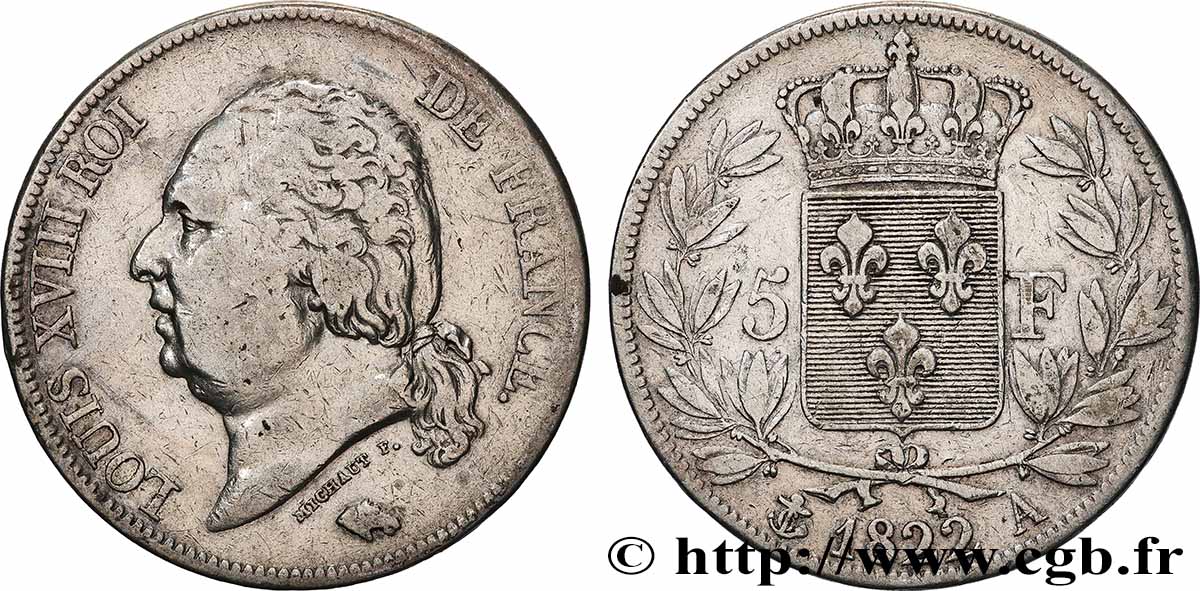 5 francs Louis XVIII, tête nue 1822 Paris F.309/68 TB 