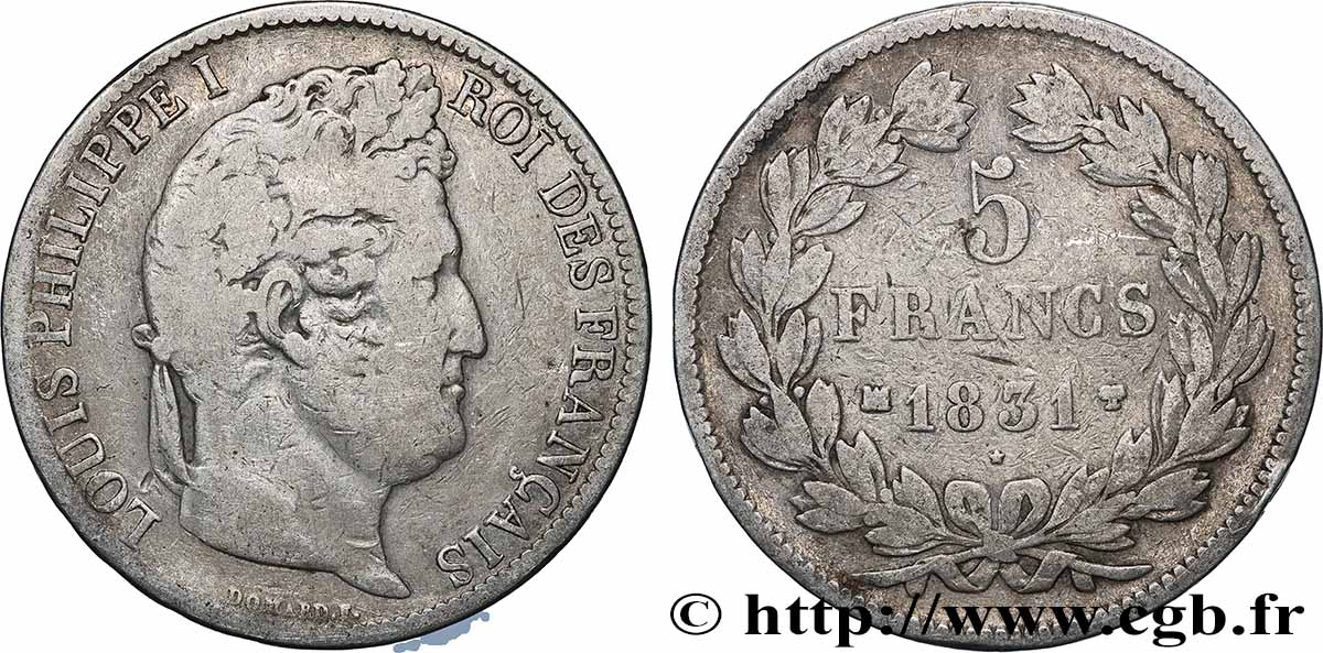 5 francs Ier type Domard, tranche en creux 1831 Marseille F.319/6 TB 