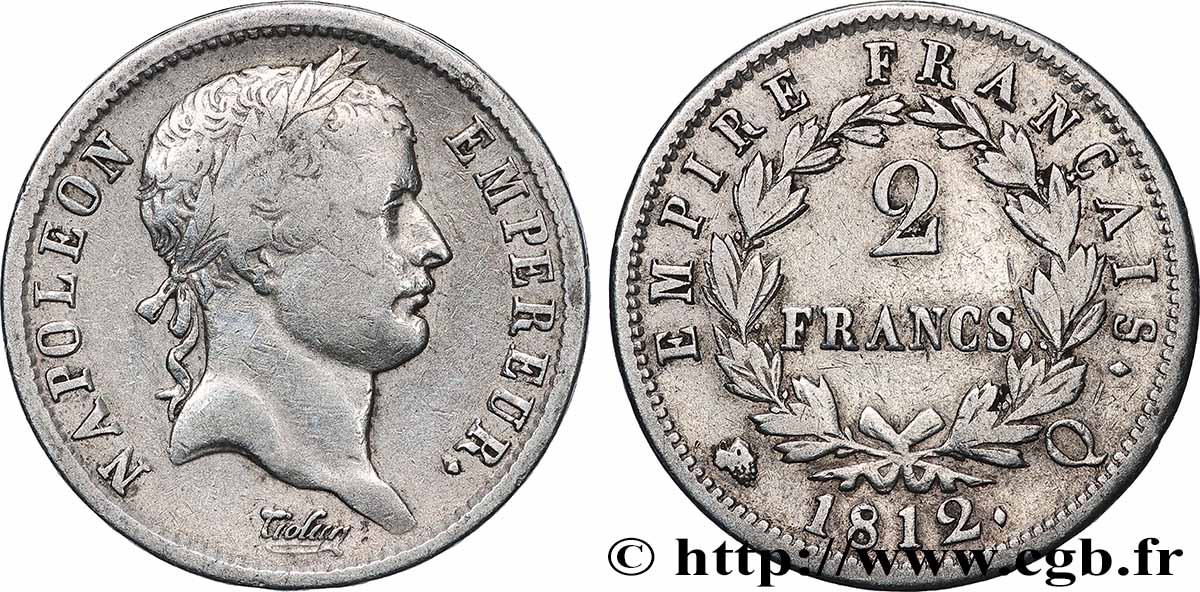 2 francs Napoléon Ier tête laurée, Empire français 1812 Perpignan F.255/48 TB+ 