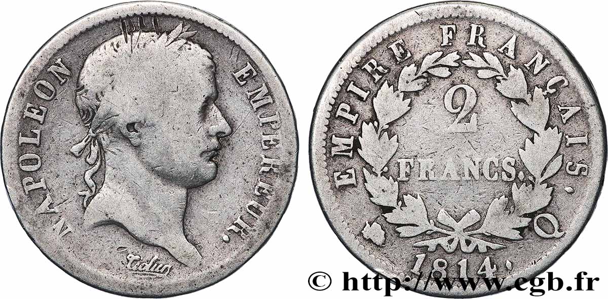 2 francs Napoléon Ier tête laurée, Empire français 1814 Perpignan F.255/69 B+ 