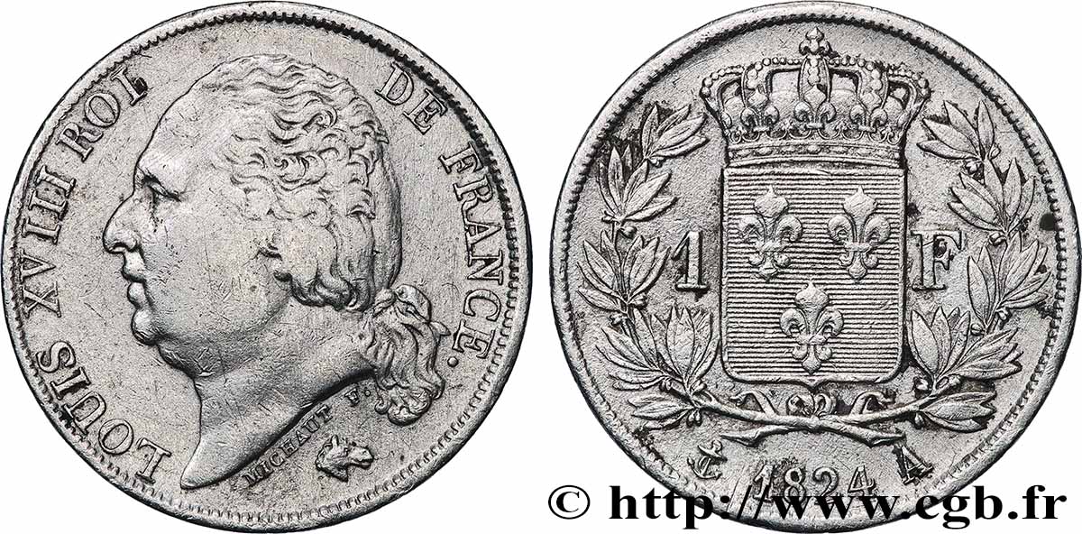 1 franc Louis XVIII 1824 Paris F.206/56 VF 
