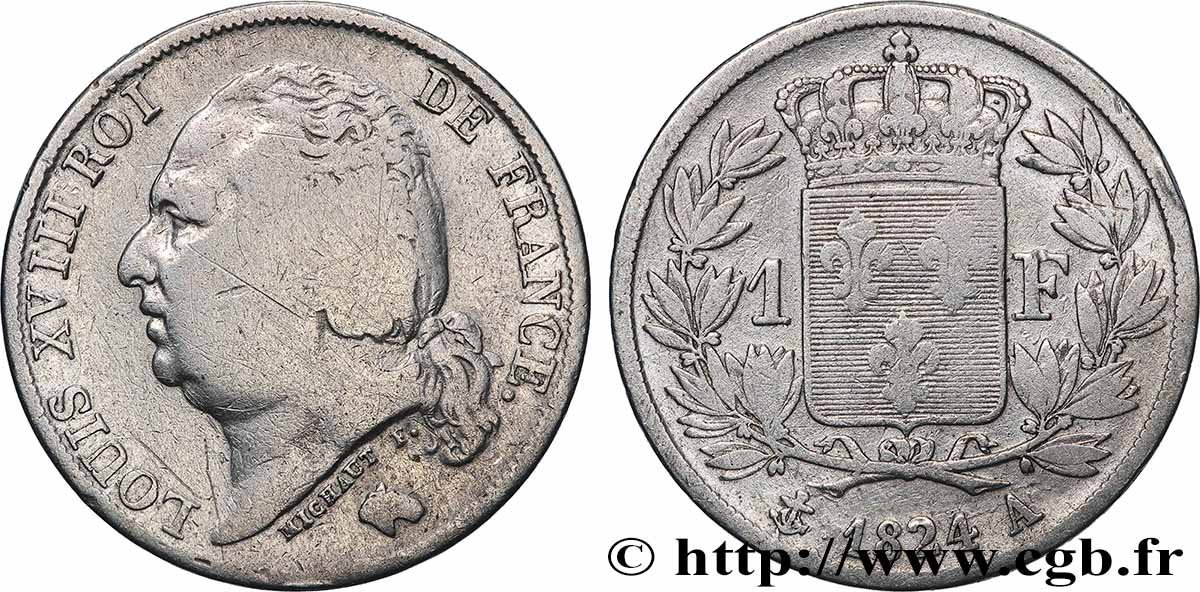 1 franc Louis XVIII 1824 Paris F.206/56 B+ 