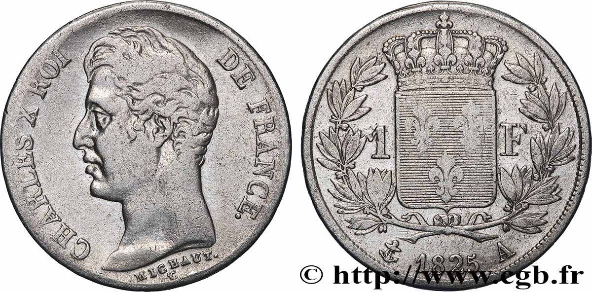 1 franc Charles X, matrice du revers à cinq feuilles 1825 Paris F.207/1 TTB 