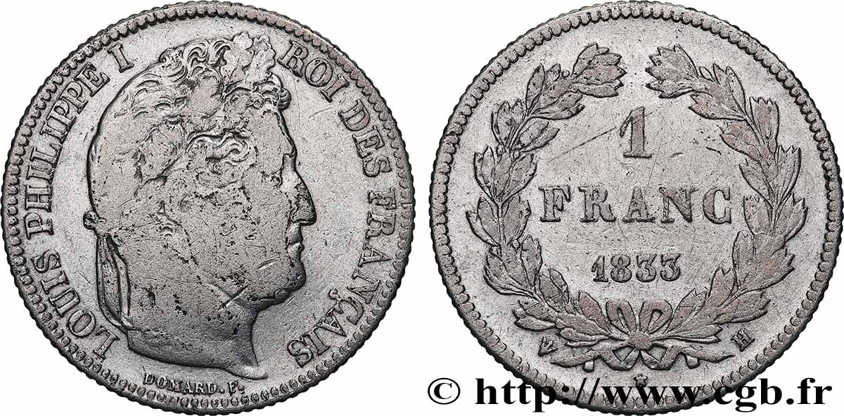 1 franc Louis-Philippe, couronne de chêne 1833 La Rochelle F.210/18 B+ 